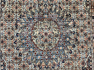 Persian Mashad Rug 7x10, Floral Medallion, Wool Hand Knotted Vintage Oriental Carpet, Blue & Ivory, Traditional Room Sized Rug