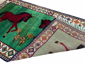 4 X 7 Handmade Rug Zagros Quality Wool Pictorial Horses Green Butterfly Colorful