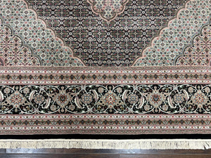 Fine Sino Persian Rug 9x12, Herati Mahi Pattern, Hand Knotted Wool Vintage Black Oriental Carpet 9 x 12 ft, Handmade Room Sized Rug, Nice