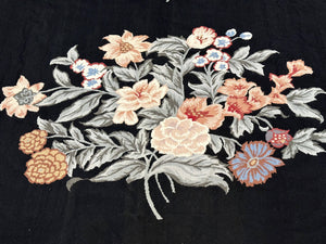 Black Needlepoint Rug 8x11 with Multicolor Flowers, Vintage Carpet