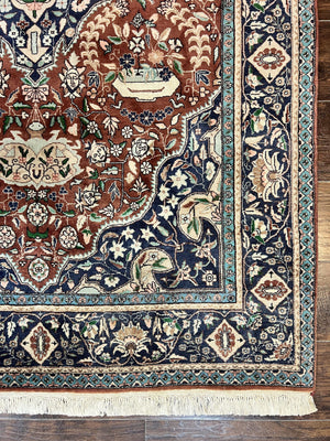 Pak Persian Rug 5x7, Wool Hand Knotted Vintage Carpet, Floral Medallion Rug, Brick Red & Navy Blue, Fine Weave, Medium Sized Rug