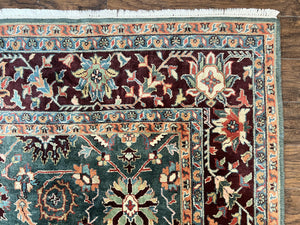 Indo Persian Rug 9x12, Wool Hand Knotted Vintage Carpet, Green and Maroon, Traditional Allover Floral Design, 9 x 12 Room Sized Rug