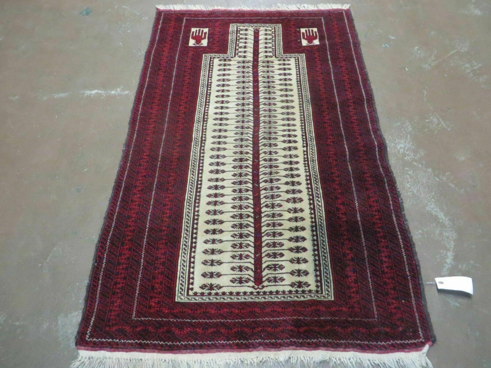 3' X 5' Antique Handmade Turkoman Balouchi Prayer Wool Rug Khamesh