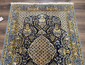 Fine Persian Qum Rug 3x5, Semi Antique Vintage Oriental Ghom Carpet, Floral Medallion, Highly Detailed, Hand Knotted, Navy Blue, Wool Area Rug, Birds