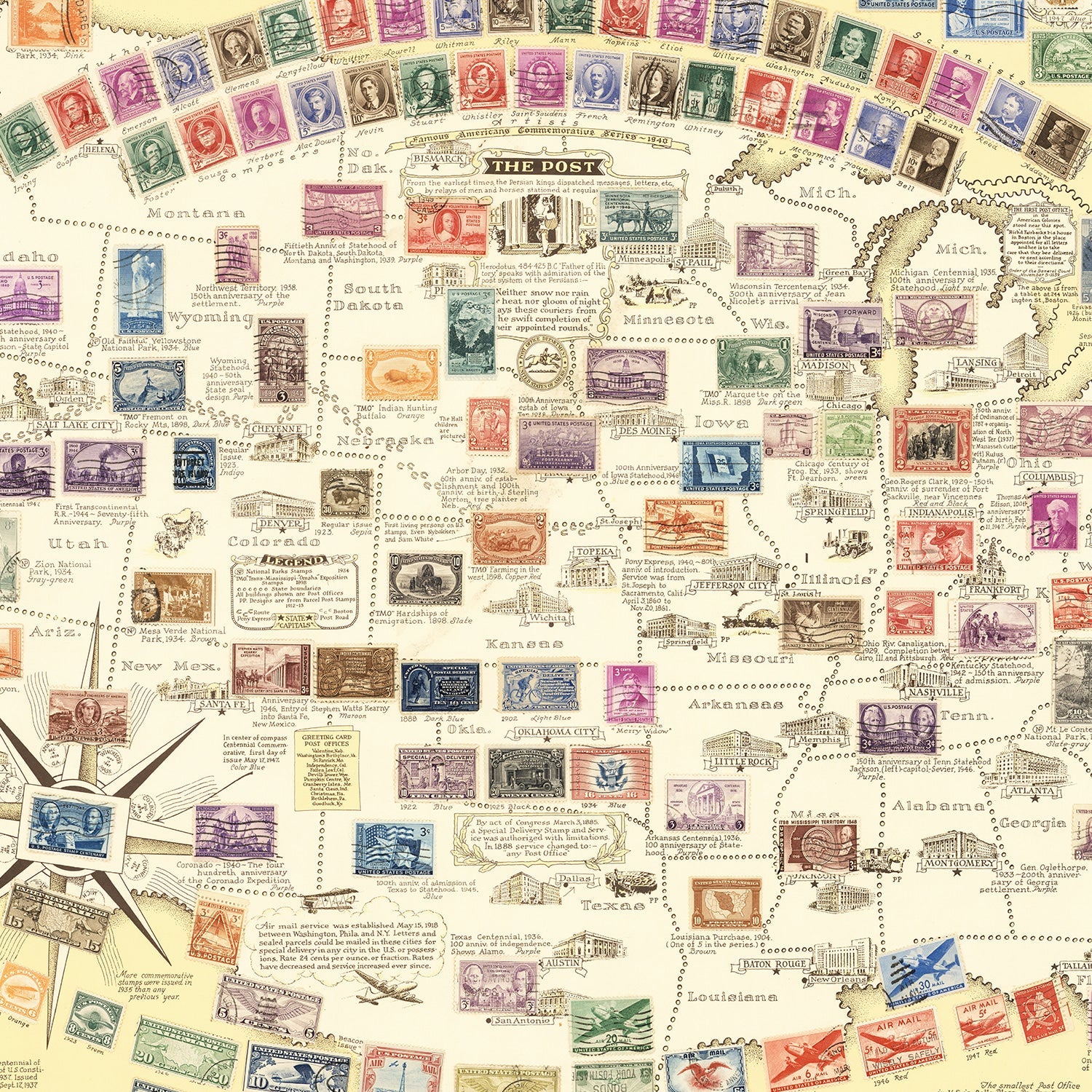Vintage Map of United States Map of Stamps, 1947