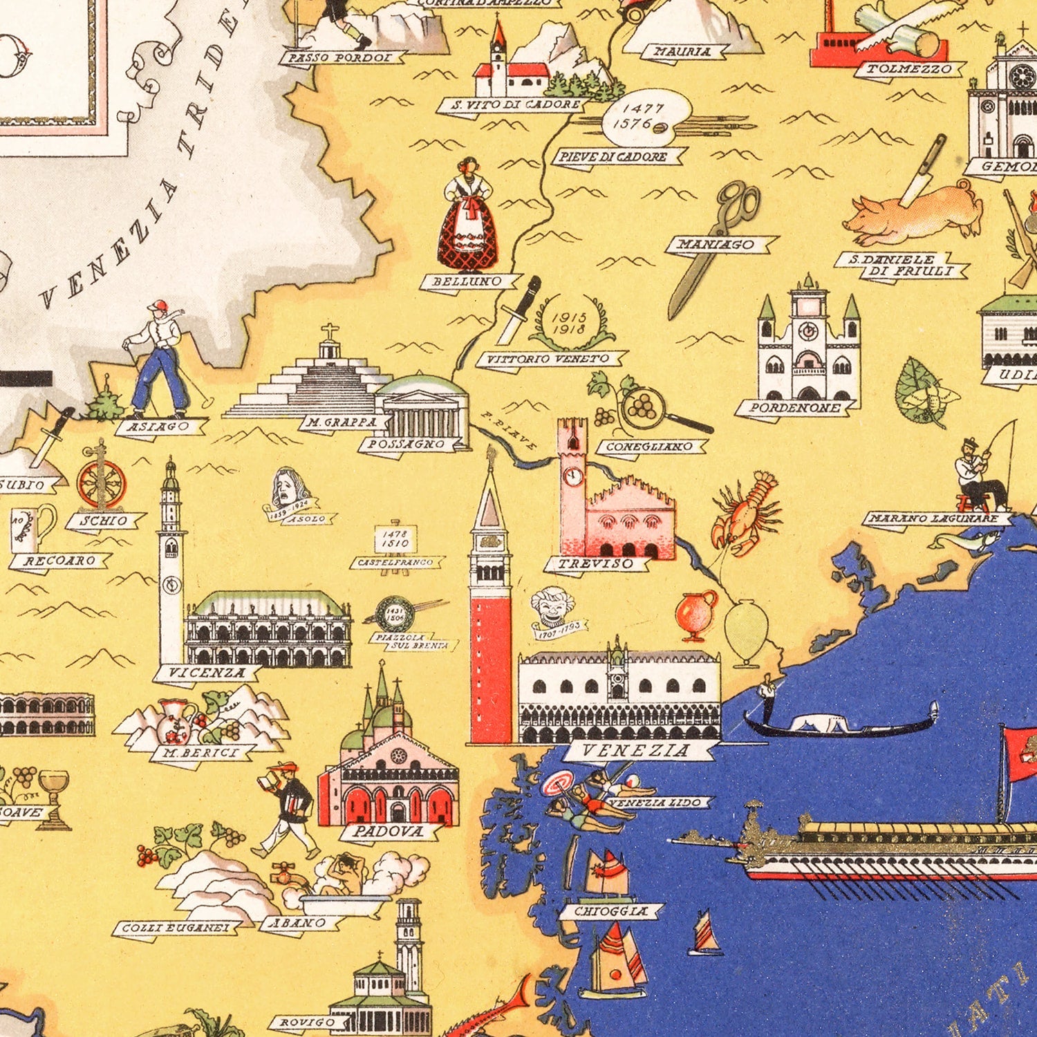 Vintage Map of Veneto Italy, 1938