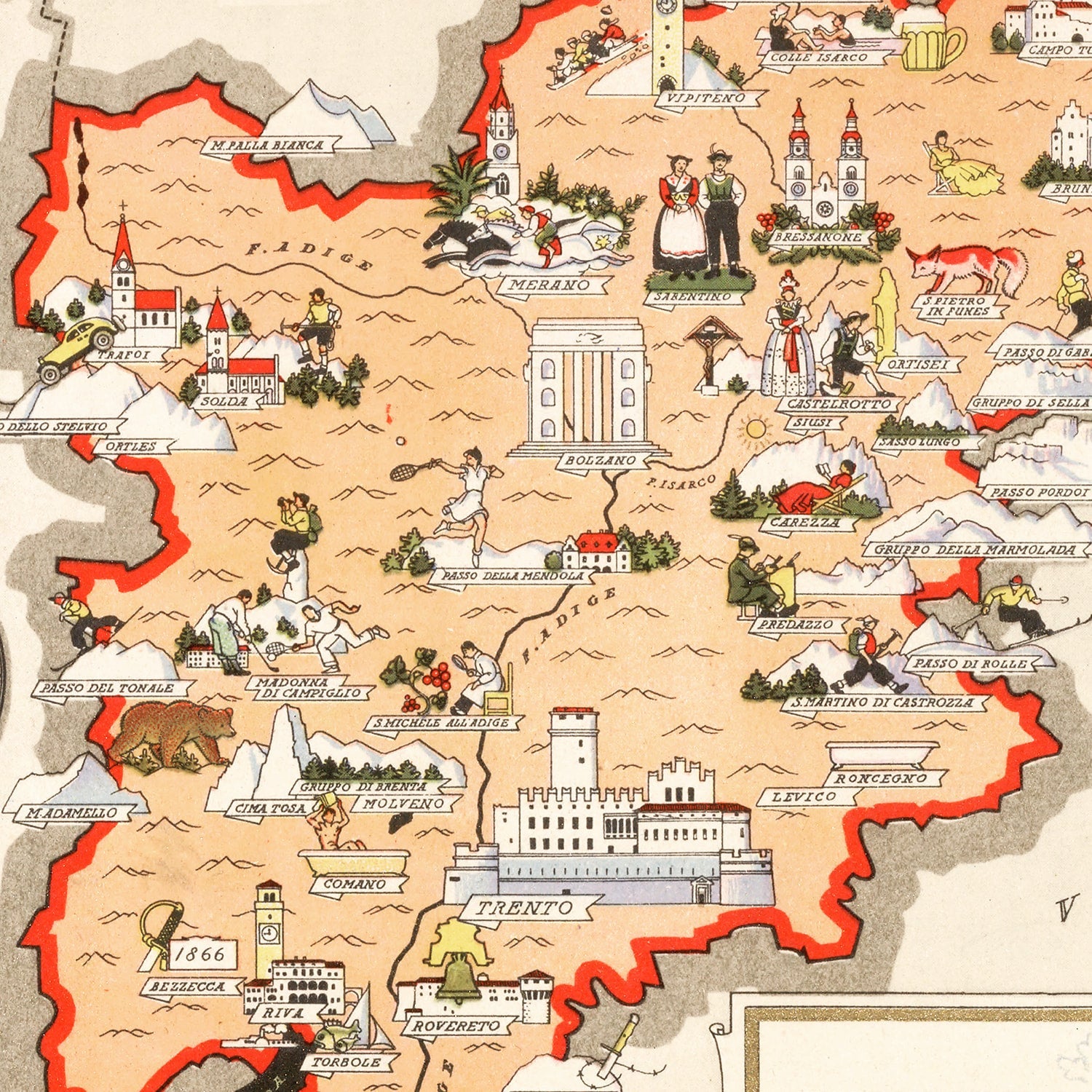Vintage Map of Trentino-Alto Adige Italy, 1938