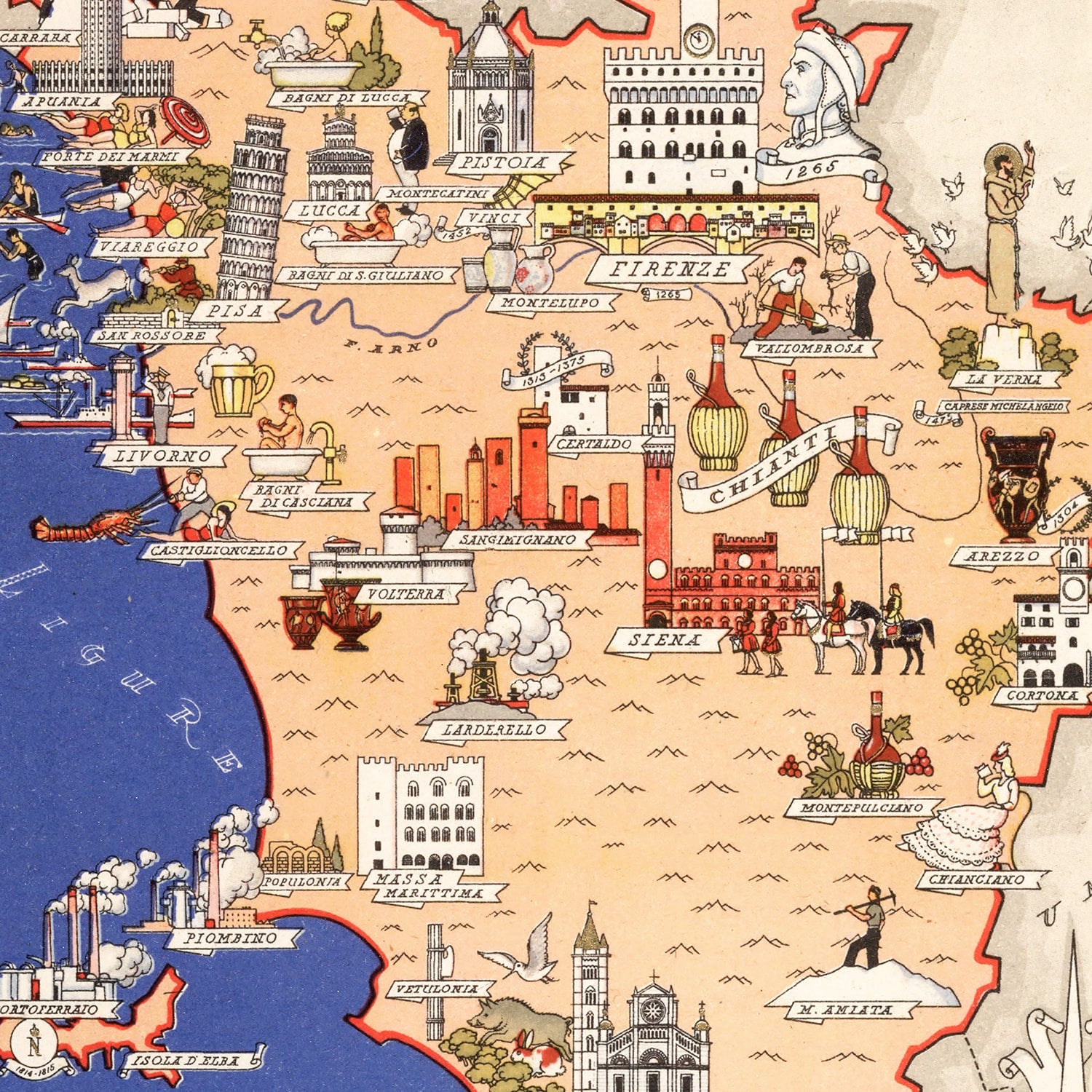 Vintage Map of Tuscany Italy, 1938