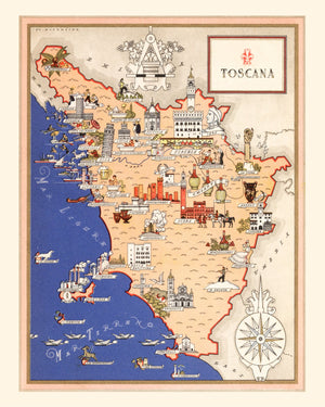 Vintage Map of Tuscany Italy, 1938