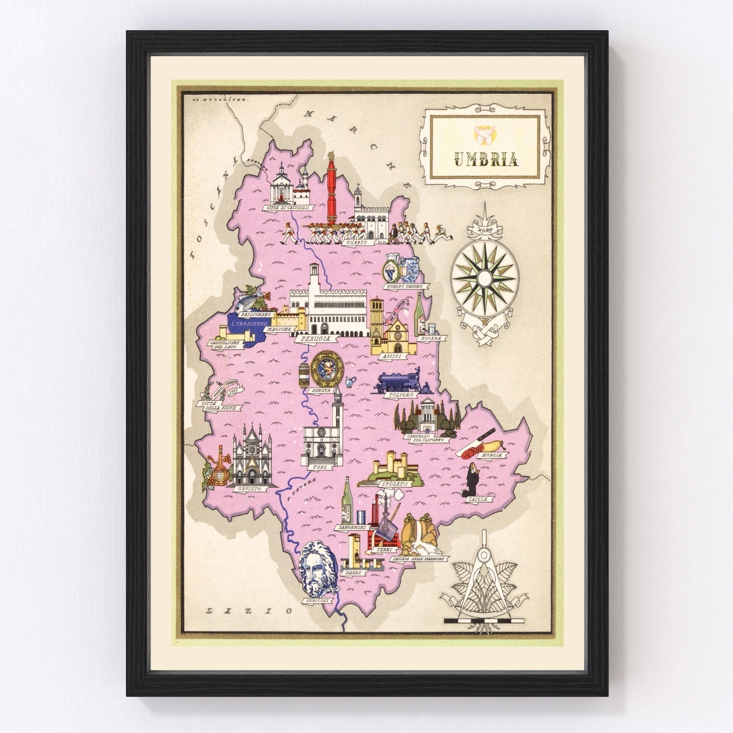 Vintage Map of Umbria Italy, 1938