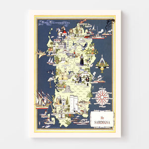 Vintage Map of Sardinia Italy, 1938