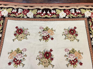 Portuguese Needlepoint Rug 8x9, Vintage Rug 8 x 9 ft, Ivory Dark Brown Hand-Woven Wool Portuguese Carpet, European Rug
