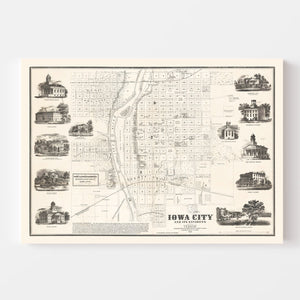 Vintage Map of Iowa City, Iowa 1854