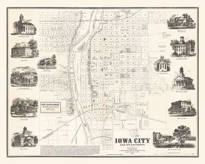 Vintage Map of Iowa City, Iowa 1854