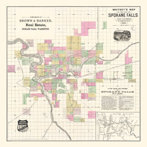 Vintage Map of Spokane Falls, Washington 1890