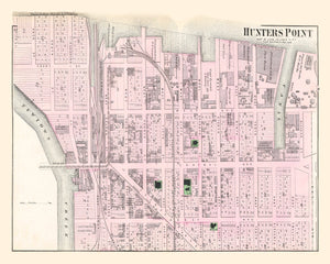 Vintage Map of Hunters Point Long Island, New York 1873