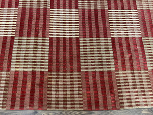 Modern Tibetan Rug 8x10, Hand Knotted Contemporary Nepali Carpet 8 x 10, Checkerboard Design, Red Cream Light Brown, Very Fine Wool & Silk