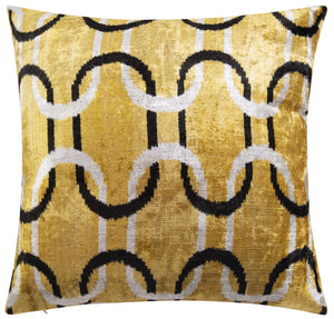 Handmade Velvet Throw Pillow - 20x20 Inches, Naturally Vegetable-Dyed, Premium Down Feather Insert - Gold, Black, and White Chain Link Design, Luxury Home Decor Accent