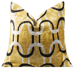 Handmade Velvet Throw Pillow - 20x20 Inches, Naturally Vegetable-Dyed, Premium Down Feather Insert - Gold, Black, and White Chain Link Design, Luxury Home Decor Accent