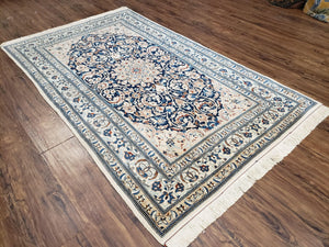 Persian Nain Rug 4x6, Ivory and Blue, Hand-Knotted, Wool & Silk