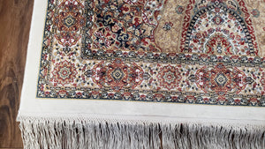 Persian Design Silk Accent Rug, Dome Medallion, Allover Pattern Oriental Carpet, Small Silk Rug, Cream, Ivory, Bamboo Silk, 2' 8" x 4' 1"