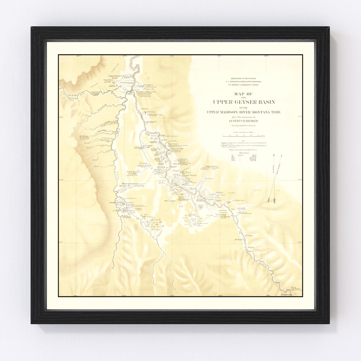 Vintage Map of Upper Geyser Basin on Upper Madison River 1872