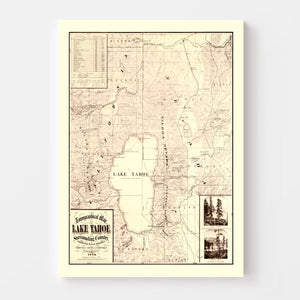 Vintage Topographical Map of Lake Tahoe 1874