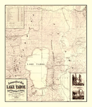 Vintage Topographical Map of Lake Tahoe 1874