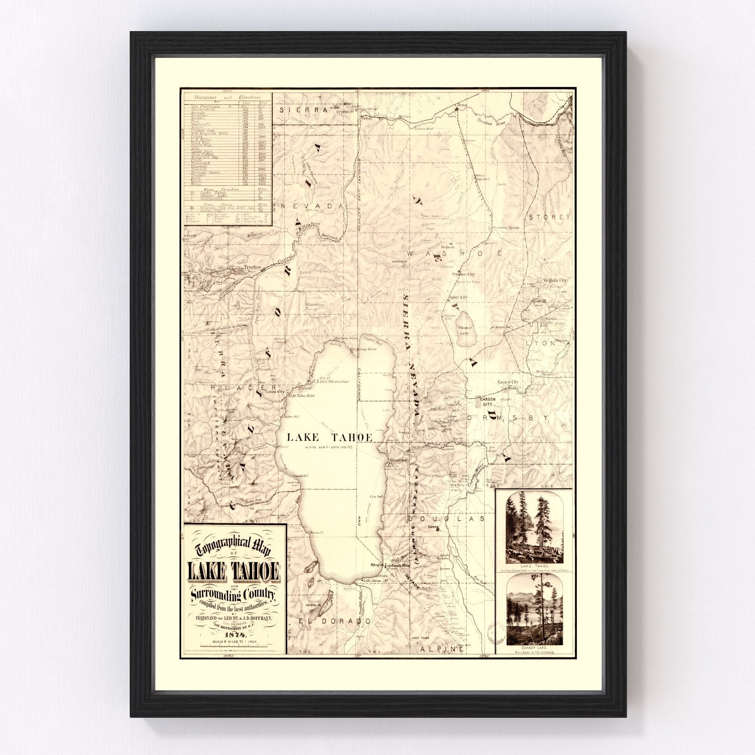 Vintage Topographical Map of Lake Tahoe 1874