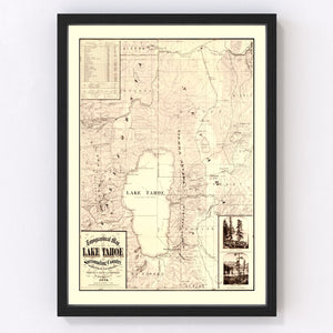 Vintage Topographical Map of Lake Tahoe 1874