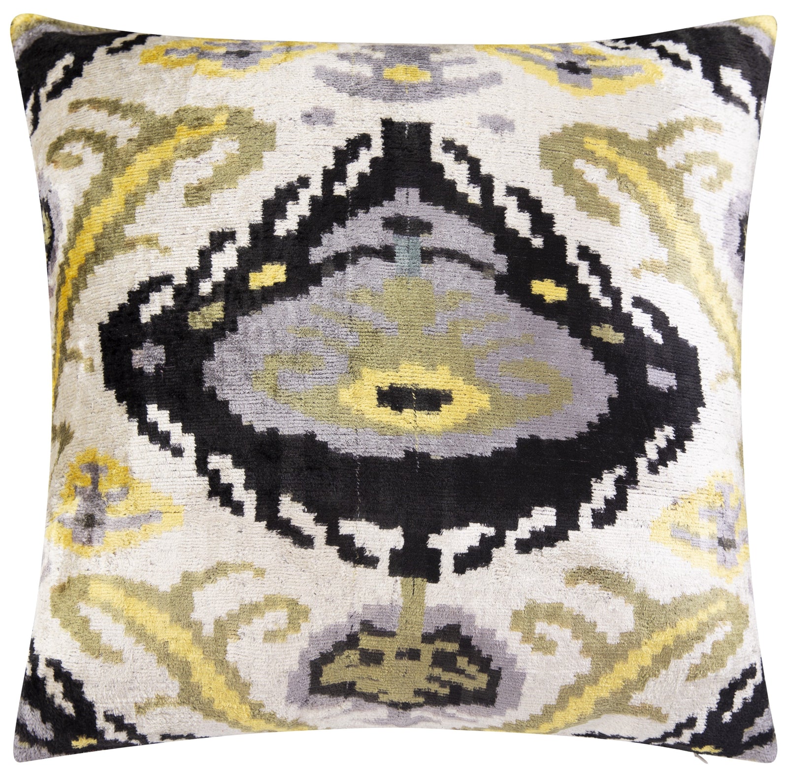 Handmade Velvet Throw Pillow - 20x20 Inches, Naturally Vegetable-Dyed, Premium Down Feather Insert - Black, Gold, and Gray Ikat Pattern, Luxury Home Decor Accent