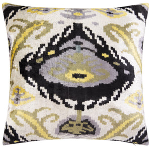 Handmade Velvet Throw Pillow - 20x20 Inches, Naturally Vegetable-Dyed, Premium Down Feather Insert - Black, Gold, and Gray Ikat Pattern, Luxury Home Decor Accent