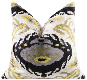 Handmade Velvet Throw Pillow - 20x20 Inches, Naturally Vegetable-Dyed, Premium Down Feather Insert - Black, Gold, and Gray Ikat Pattern, Luxury Home Decor Accent