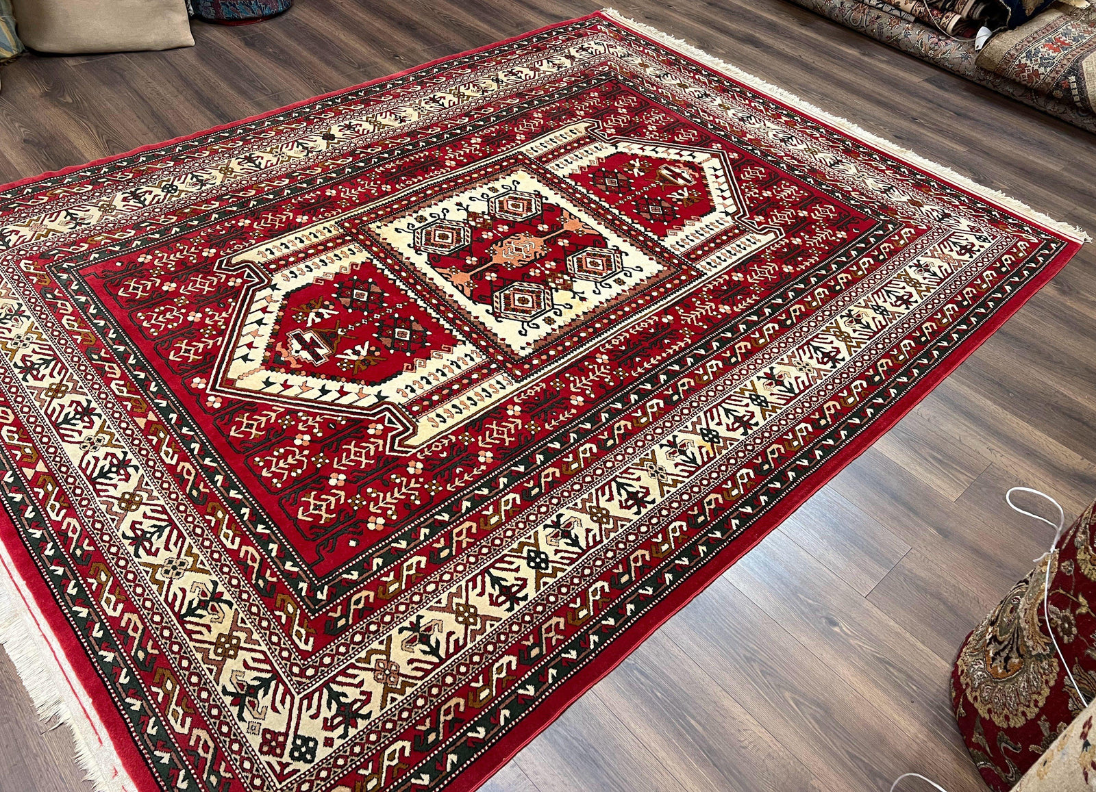 Wool Kazak Pattern Rug 7x10, Geometric Pakistani Hand Knotted Carpet, Large Medallion, Red Cream Dark Green, Room Sized Vintage Oriental Rug