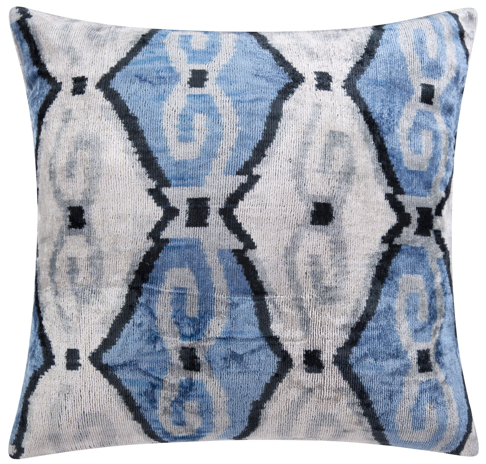 Handmade Velvet Throw Pillow - 20x20 Inches, Naturally Vegetable-Dyed, Premium Down Feather Insert - Blue, Black, and White Ikat Pattern, Luxury Home Decor Accent