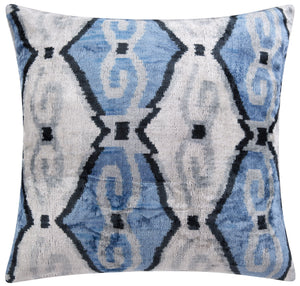 Handmade Velvet Throw Pillow - 20x20 Inches, Naturally Vegetable-Dyed, Premium Down Feather Insert - Blue, Black, and White Ikat Pattern, Luxury Home Decor Accent
