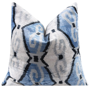 Handmade Velvet Throw Pillow - 20x20 Inches, Naturally Vegetable-Dyed, Premium Down Feather Insert - Blue, Black, and White Ikat Pattern, Luxury Home Decor Accent