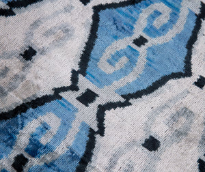 Handmade Velvet Throw Pillow - 20x20 Inches, Naturally Vegetable-Dyed, Premium Down Feather Insert - Blue, Black, and White Ikat Pattern, Luxury Home Decor Accent