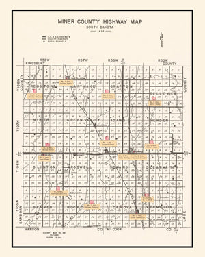 Vintage Map of Miner County, South Dakota 1954