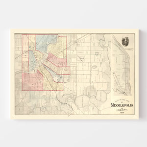Vintage Map of Minneapolis, Minnesota 1874