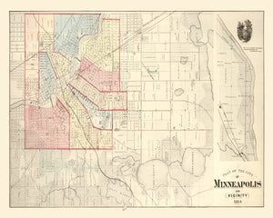Vintage Map of Minneapolis, Minnesota 1874