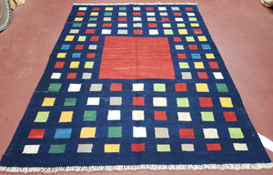 Turkish Kilim Rug 5x7 - 6x8, Checkerboard Kilim Carpet, Area Rug, New Playroom Rug, Colorful Multicolor Rug for Nursery Room, Dark Blue Red
