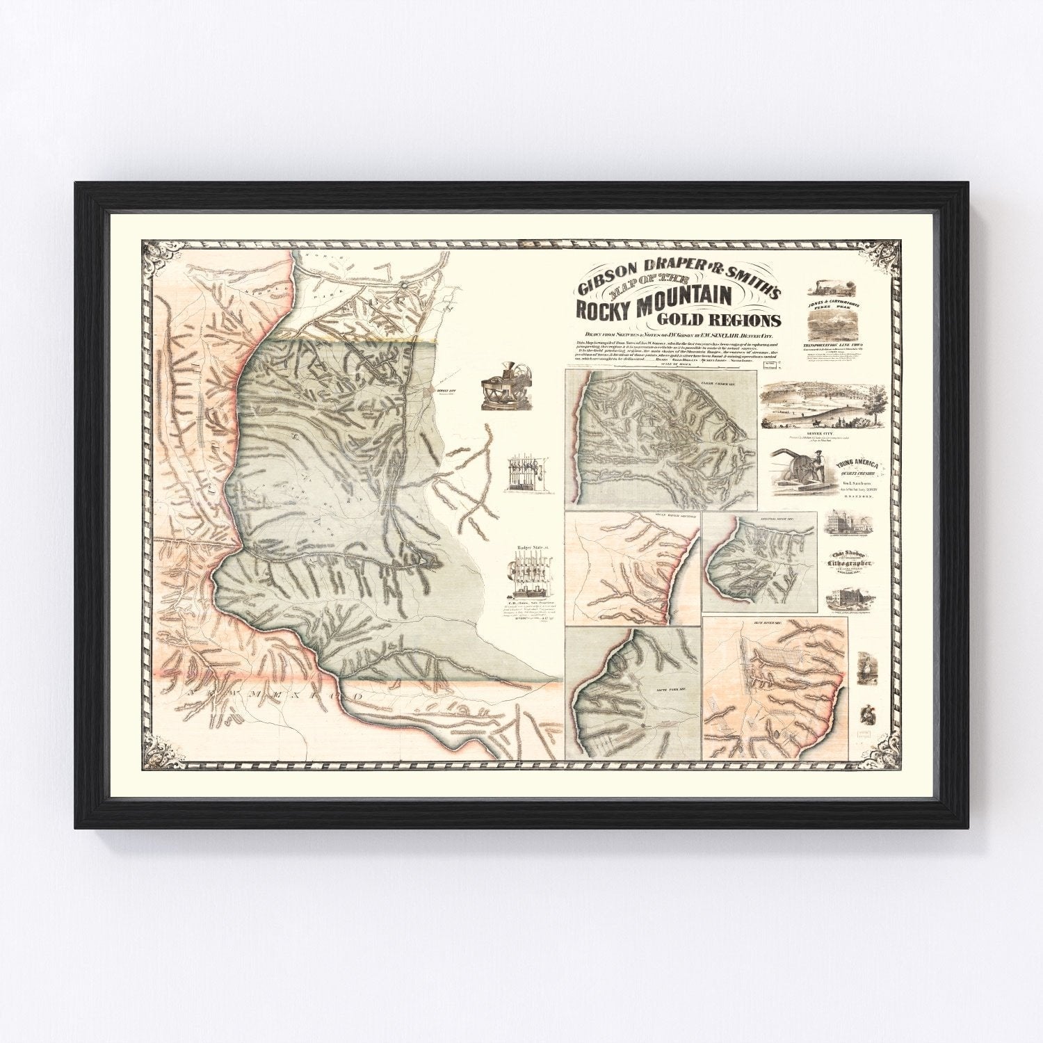 Vintage Rocky Mountain Gold Regions Map 1861