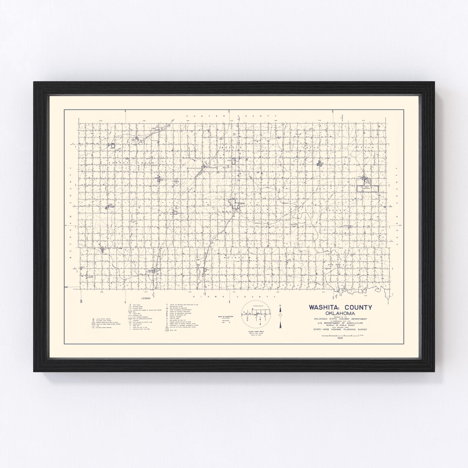 Vintage Map of Washita County, Oklahoma 1936