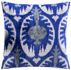 Handmade Velvet Throw Pillow - 16x16 Inches, Naturally Vegetable-Dyed, Premium Down Feather Insert - Blue and Gray Ikat Pattern, Luxury Home Decor Accent