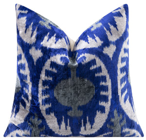 Handmade Velvet Throw Pillow - 16x16 Inches, Naturally Vegetable-Dyed, Premium Down Feather Insert - Blue and Gray Ikat Pattern, Luxury Home Decor Accent