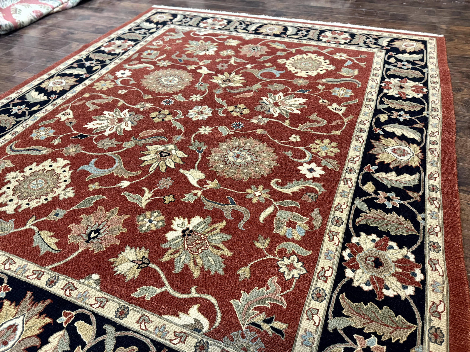 Indian Mahal Rug 8x10, Room Sized Wool Handmade Vintage Carpet, Red and Black, Floral, Flatweave Mahal Sultanabad Rug
