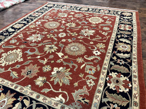 Indian Mahal Rug 8x10, Room Sized Wool Handmade Vintage Carpet, Red and Black, Floral, Flatweave Mahal Sultanabad Rug