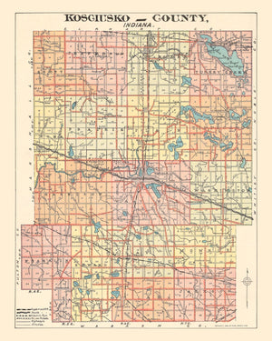 Vintage Map of Kosciusko County, Indiana 1908