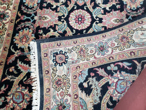Vintage Indo Persian Mahal Area Rug 4x6, Wool Hand-Knotted Midnight Blue & Ivory Floral Design Indian Carpet, 4 x 6 Traditional Oriental Rug